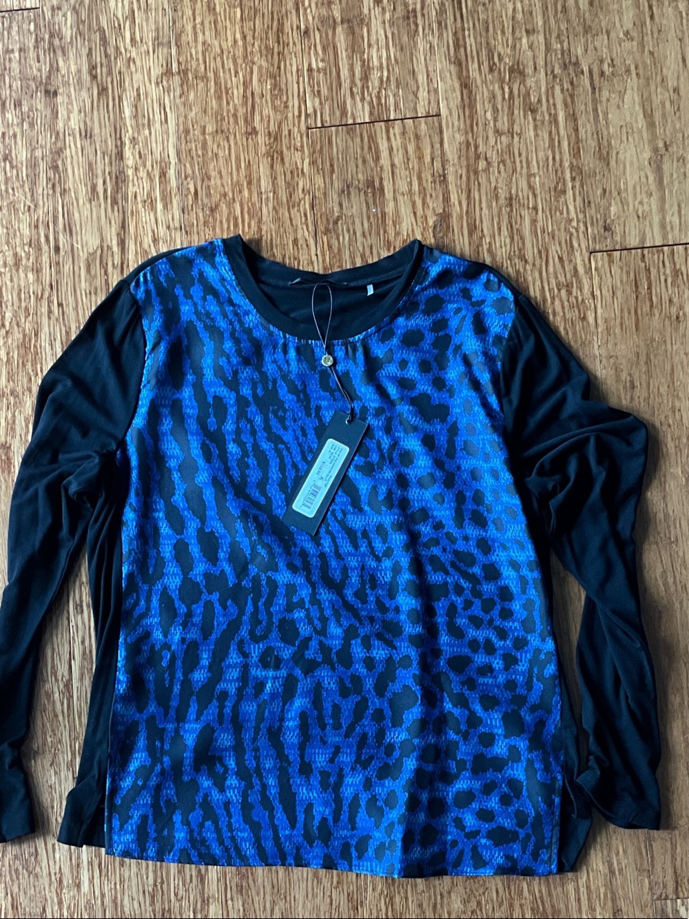 Kobi Halperin Blue Animal-Print Long Sleeve Top with Black Sleeves